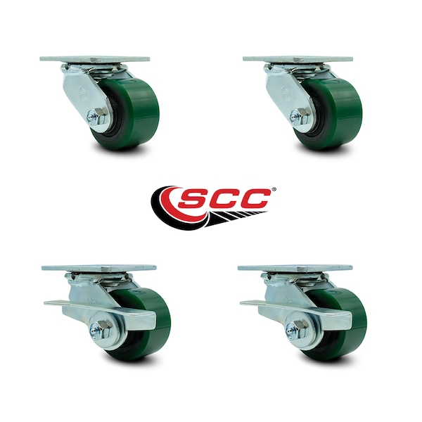 3.25 Inch Green Poly on Cast Iron Swivel Caster Set with Ball Bearings 2 Brakes